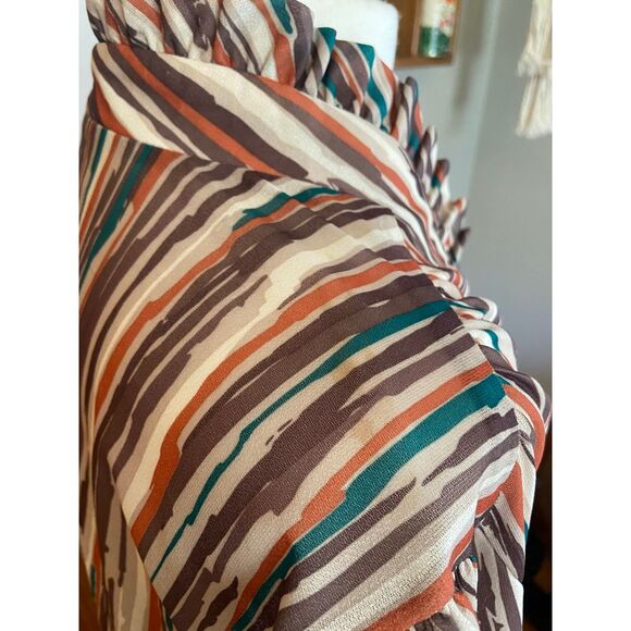Vtg Retro‎ Teddie of Cali Frill V-Neck Button Blouse Abstract Stripe Lrg 16 - Picture 12 of 13